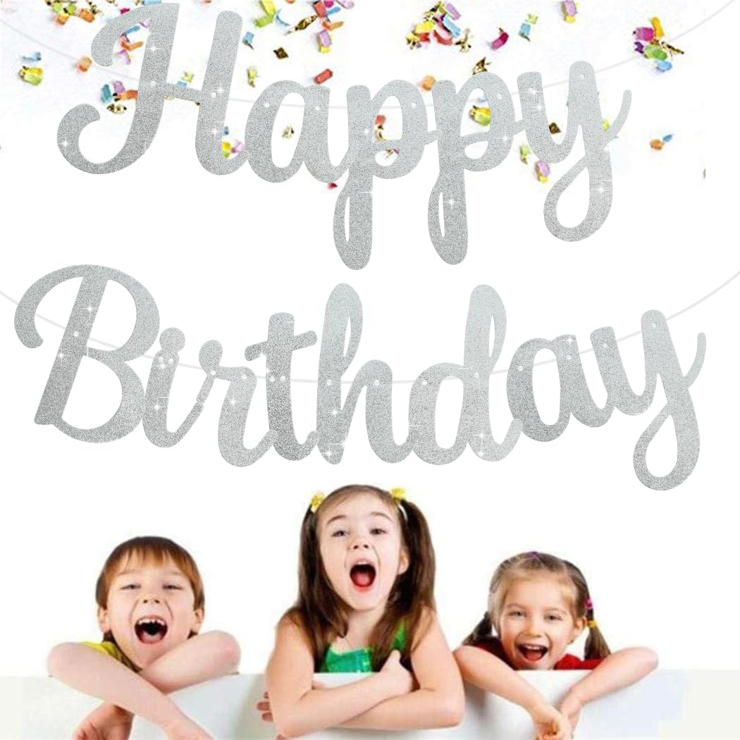 Beishida Silver Happy Birthday Banner - No Diy,10Feet,Pre-Strung-Glitter Happy Birthday Sign, Happy Birthday Garland,Happy Birth