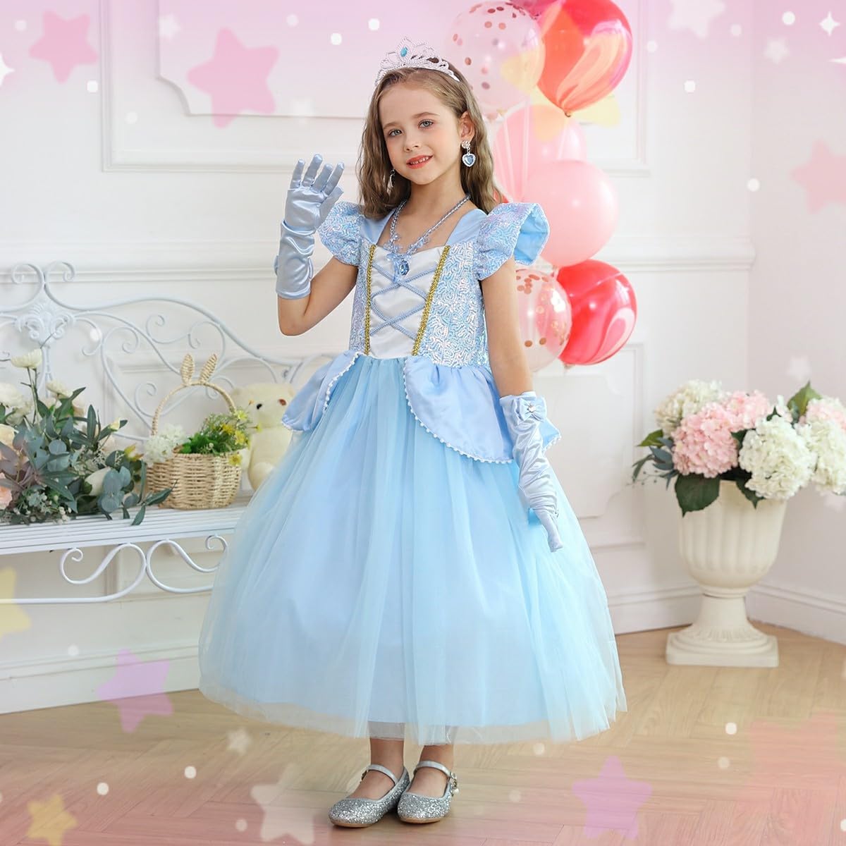 Luzlen Cinderella Costume For Girls Kids Blue Princess Dress With Accessories Halloween Birthday Party Outfits, 7-8Y(Tag 150)