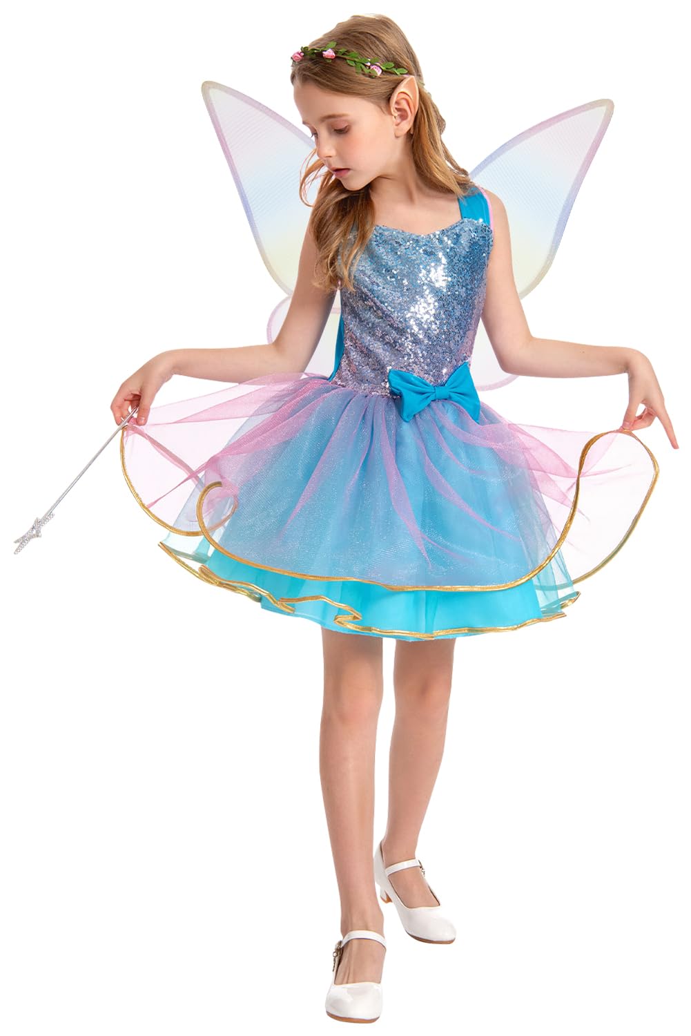 JoyRapt Fairy Costume Dress for Girls 3-10, Fairy Princess Pink Tutu Outfits Butterfly Wings Wand Headband Halloween Gifts(Small