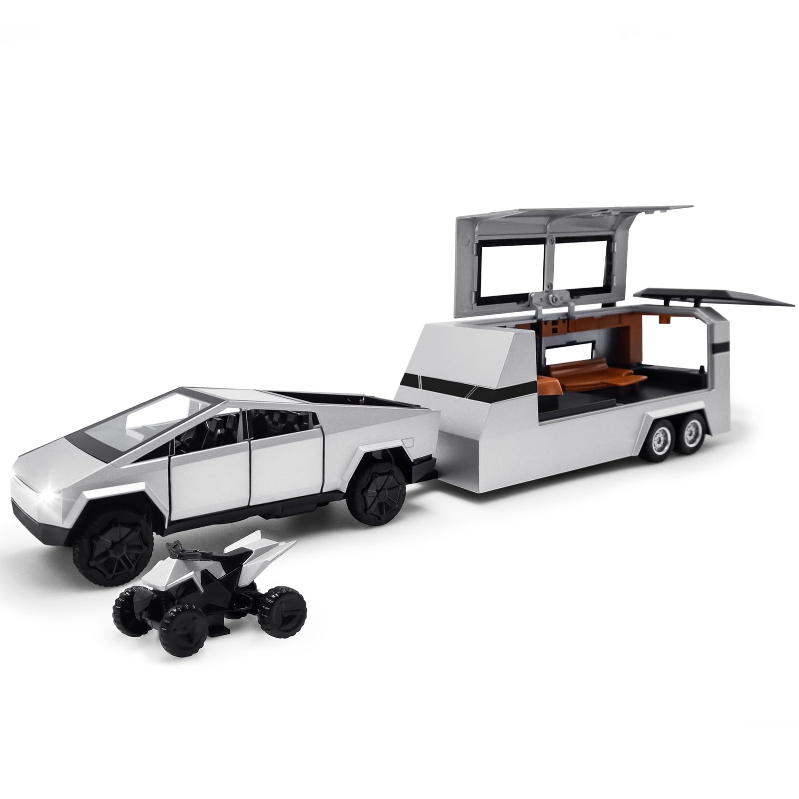 Cybertruck Model: 1/24 Diecast Metal Pick-Up Truck Trailer Toy with Motorcycle with Lights and Sounds for Boys, Ages 3 and Up (S