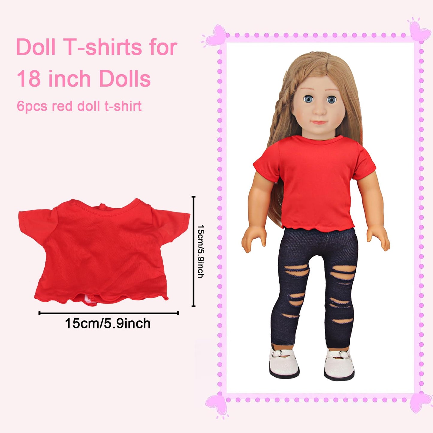 AugFrog 5 Pcs T-Shirts for 18 Inch Dolls, Summer Outfit Doll Clothes Accessories, Short Sleeved Classical Tee Fit - Red