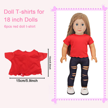 AugFrog 5 Pcs T-Shirts for 18 Inch Dolls, Summer Outfit Doll Clothes Accessories, Short Sleeved Classical Tee Fit - Red