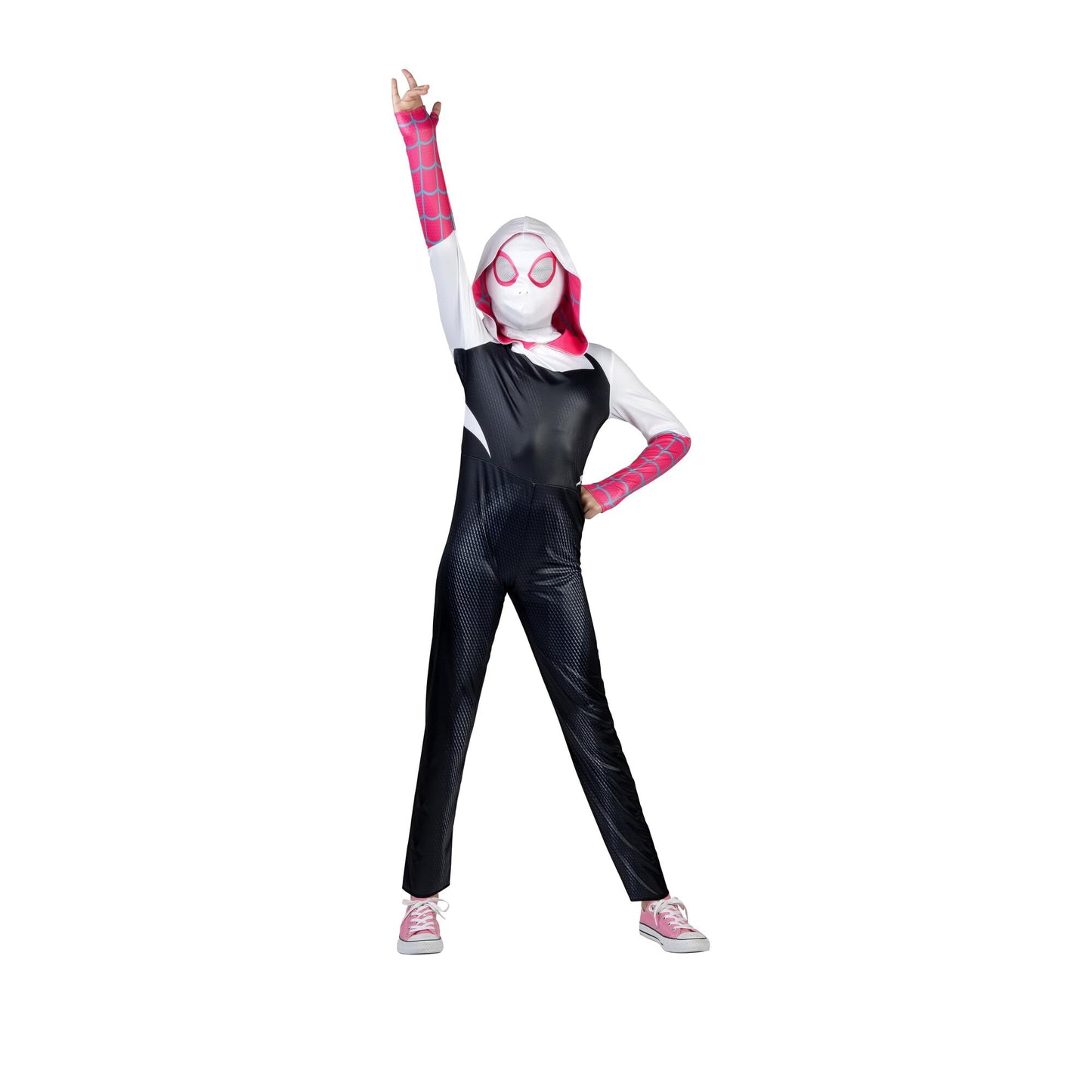Marvel Spider-Gwen Official Youth Halloween Costume - Premium Quality Hooded Jumpsuit With Pull On Fabric Mask (Small)