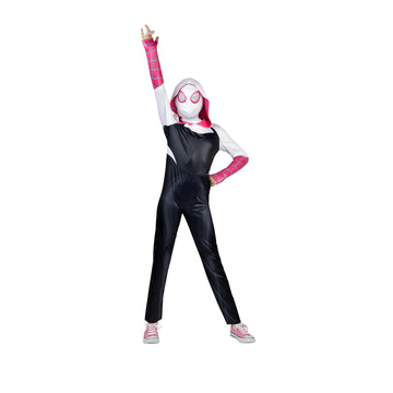Marvel Spider-Gwen Official Youth Halloween Costume - Premium Quality Hooded Jumpsuit With Pull On Fabric Mask (Small)