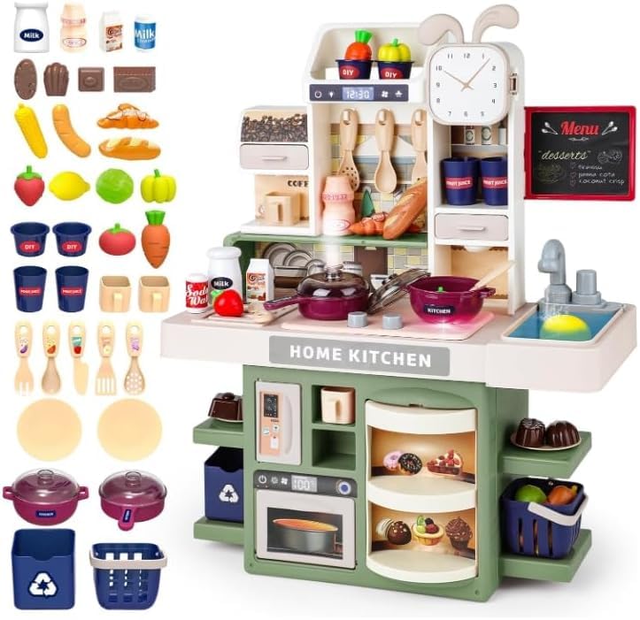 Kids Pretend Play Kitchen Set  37PCS Cooking Toy with Real Steam, Light & Sound | Play Sink with Running Water, Oven, Stove, Fo