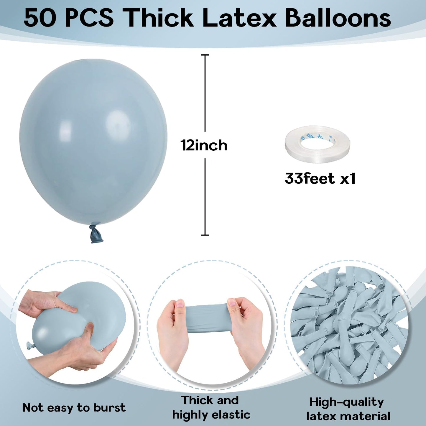 Jobkoo Blue Balloons 12 Inch, 50 Pcs Pale Aqua Blue Balloon Muted Dusty Blue Latex Balloons Matte Retro Powder Light Blue Helium