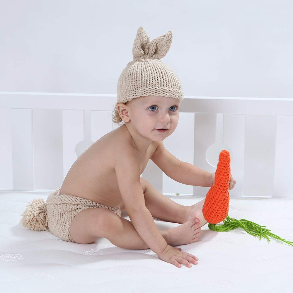 Obeeii Baby Bunny Outfit Easter Photography Prop Crochet Knit Hat Diaper Carrot Set For Boy Girl #Hat+Pant+Carrot 01 One Size