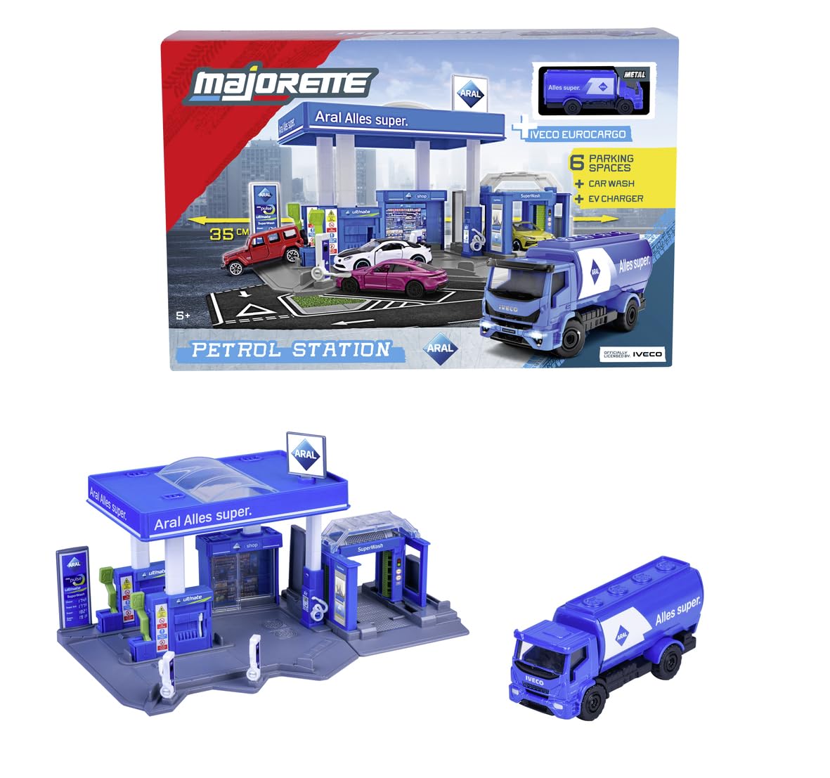 Majorette Petrol Station Aral + Vehicle | Includes 1 Fuel Tanker | Features Fuel Pump & Ev Charger | Car Wash And Shop | Suitabl