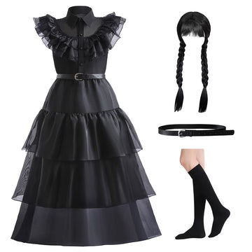 Grivos Black Costume Girls,Little Kid Dress For Kids Black Outfit Halloween Costumes Cosplay Party With Belt Wig Socks 4-14Y