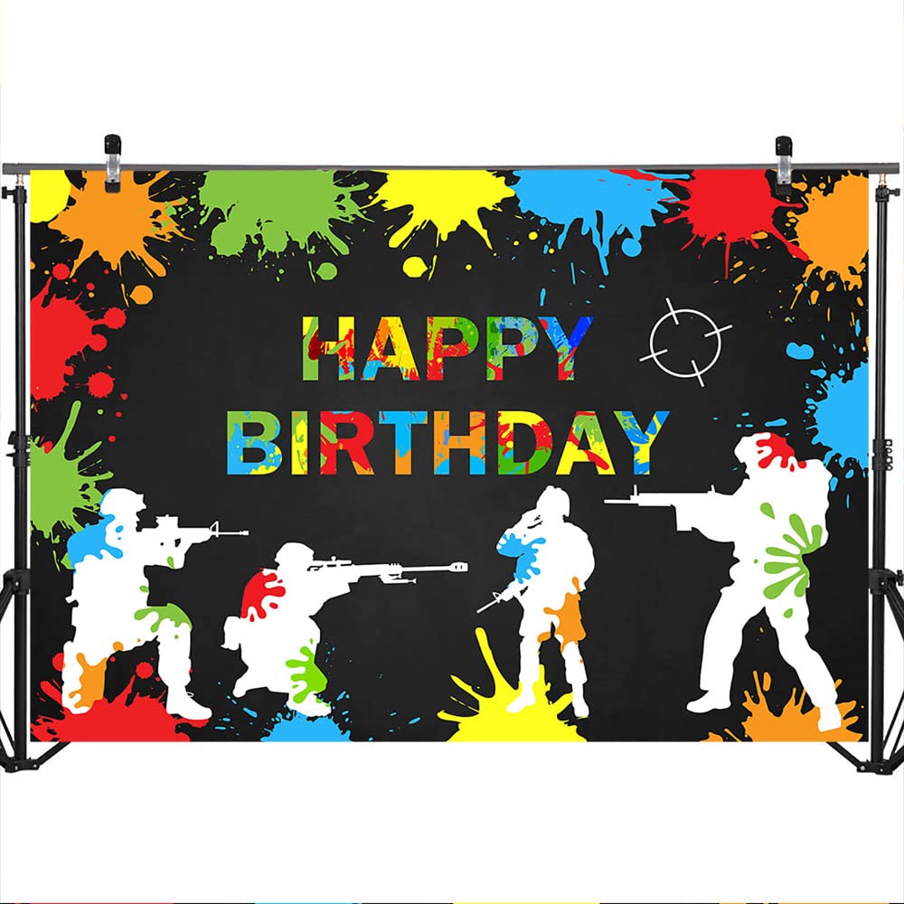 Mocsicka Paintball Backdrop Happy Birthday Party Paintball Theme Decoration Background Colorful Splash Shooting Game Happy Birth