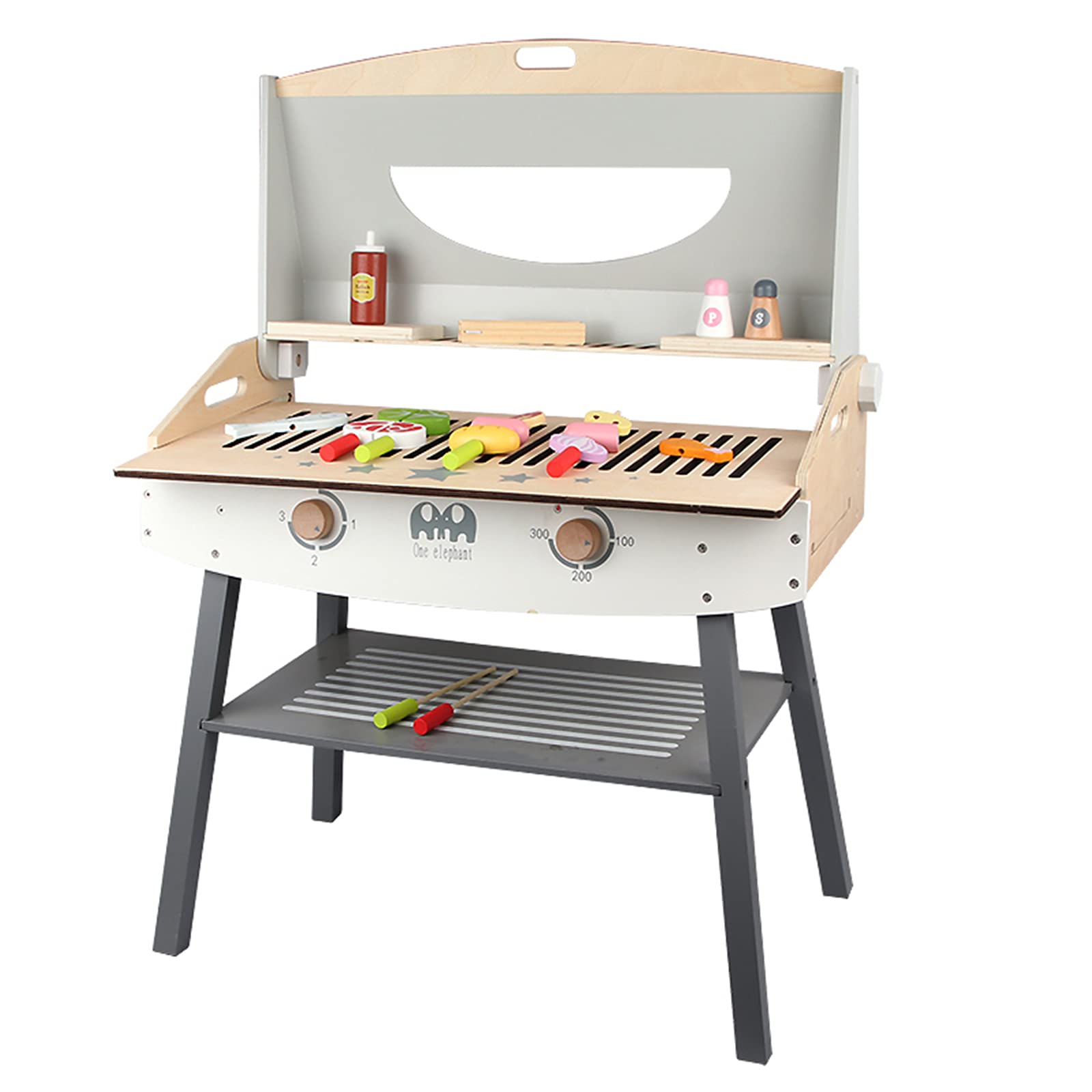 KIDS TOYLAND Wooden Pretend Barbecue Grill Play Set, Play Kitchen Set Cooking Gift for Girls and Boys - Best for 3 4 5 Year Old 
