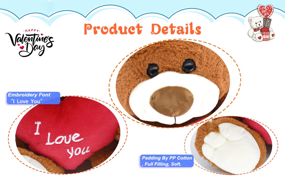 HWD 10'' Teddy Bear - Soft Plush Doll with Red Heart, Brown - Gifts for Her/Girlfriend/Mom/Kids, Model QRJ023X