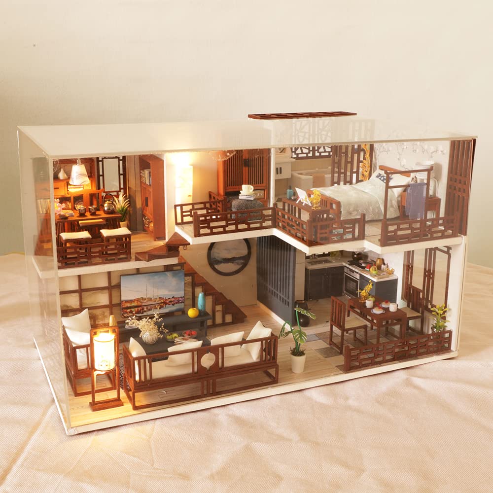 Lannso DIY Dollhouse Miniature Kit  Doll House Kit with Dust Proof Cover and Music Box  Mini Wooden Dollhouse Toys for mature-themed Gift(M25)
