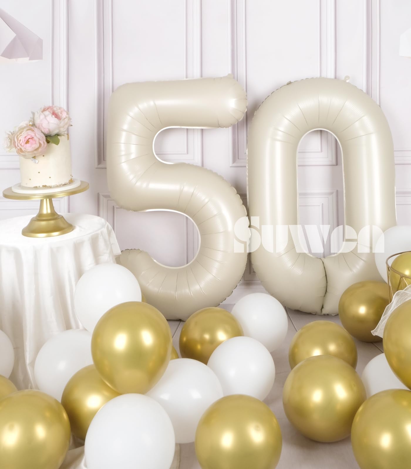 Suwen 40 Inch Large Cream White 50 Balloon Numbers Big Foil Helium Number Balloons 0-9 Jumbo Happy 50Th Mylar Birthday Party Dec