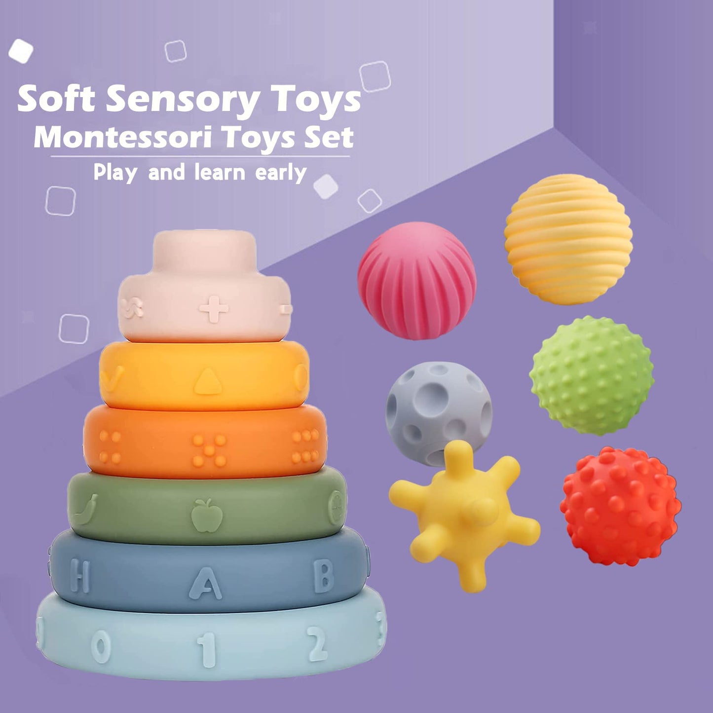 Montessori Toys Soft Stacking Building Blocks Rings Balls Sets 3 In 1 Baby Toys Bundle For Babies 6-12 Months Sensory Toys For Toddlers 1-3 Teething Bath Toys For Infants Learning Toy