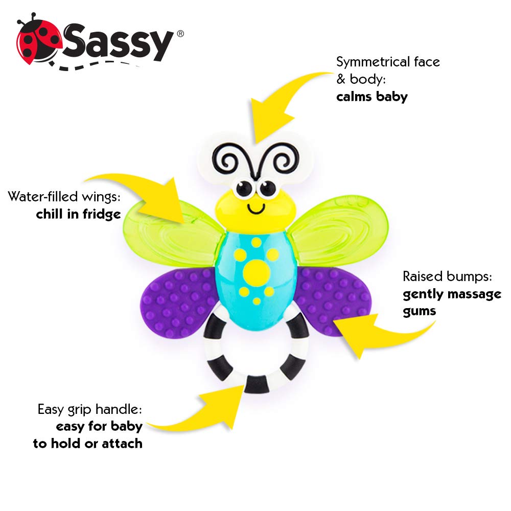 Sassy Flutterby Teether | Water-Filled Teether Soothes Gums | Variety Of Textures Massage Gums | For Ages 3 Months And Up (80106)
