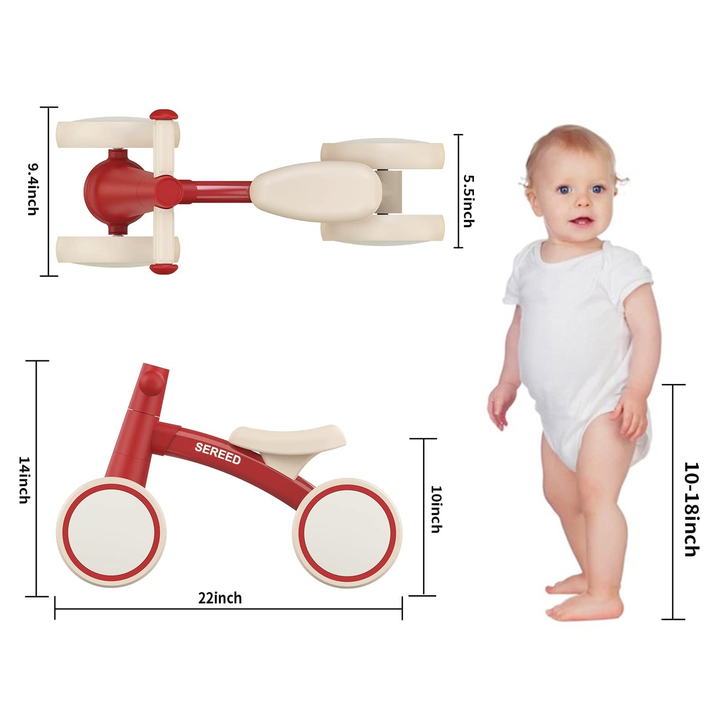 SEREED Balance Bike for 1 Year Old, 10" Aluminum Frame, Red, Model UD30, Baby's First Bike for Boys and Girls
