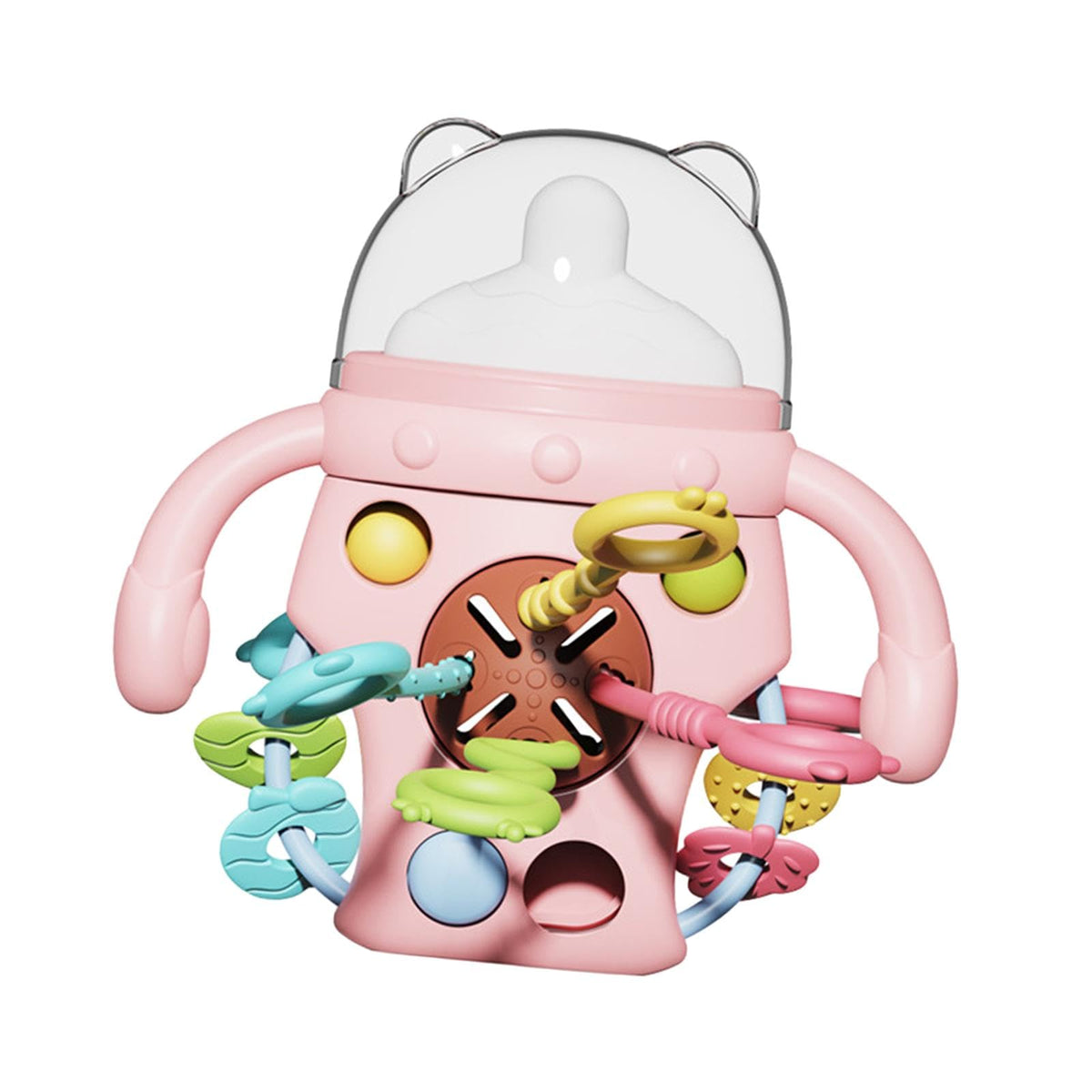 Loom Tree Cute Bottle Shaped Teething Toy Rattle Toy For Girl And Boys 3 To6 Months Babies Pink 14.8X14.5Cm | Toys For Baby | De