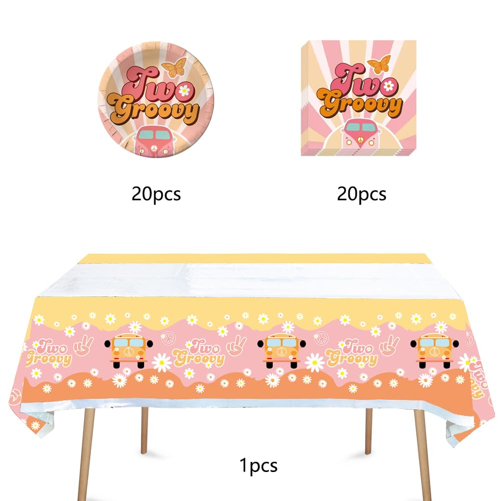 41Pcs Two Groovy Party Supplies,Include 20 Plates, 20 Napkin And 1Pcs Tablecloth,Used For Retro Hippie Rainbow Boho Birthday Par