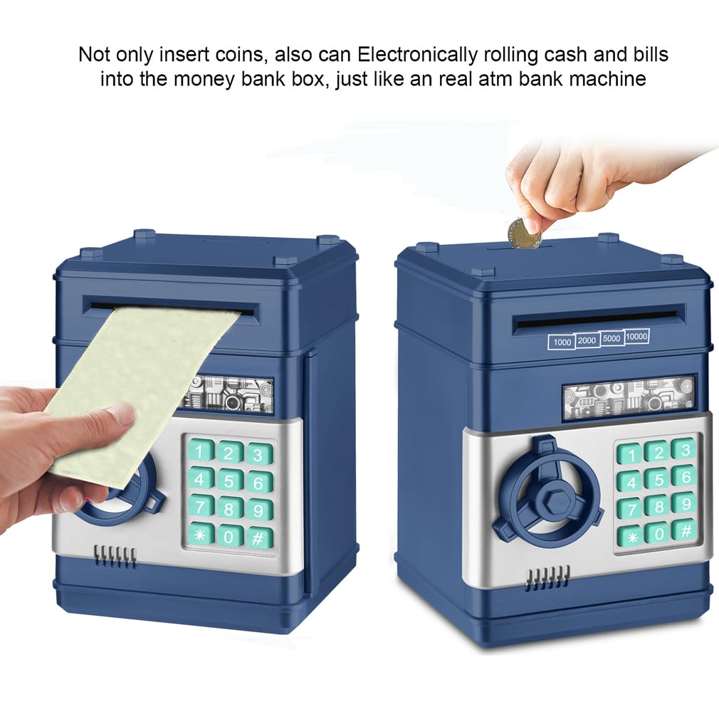 Setibre Piggy Bank, Electronic Atm Password Cash Coin Can Auto Scroll Paper Money Saving Box Toy Gift For Kids (Navy Blue)