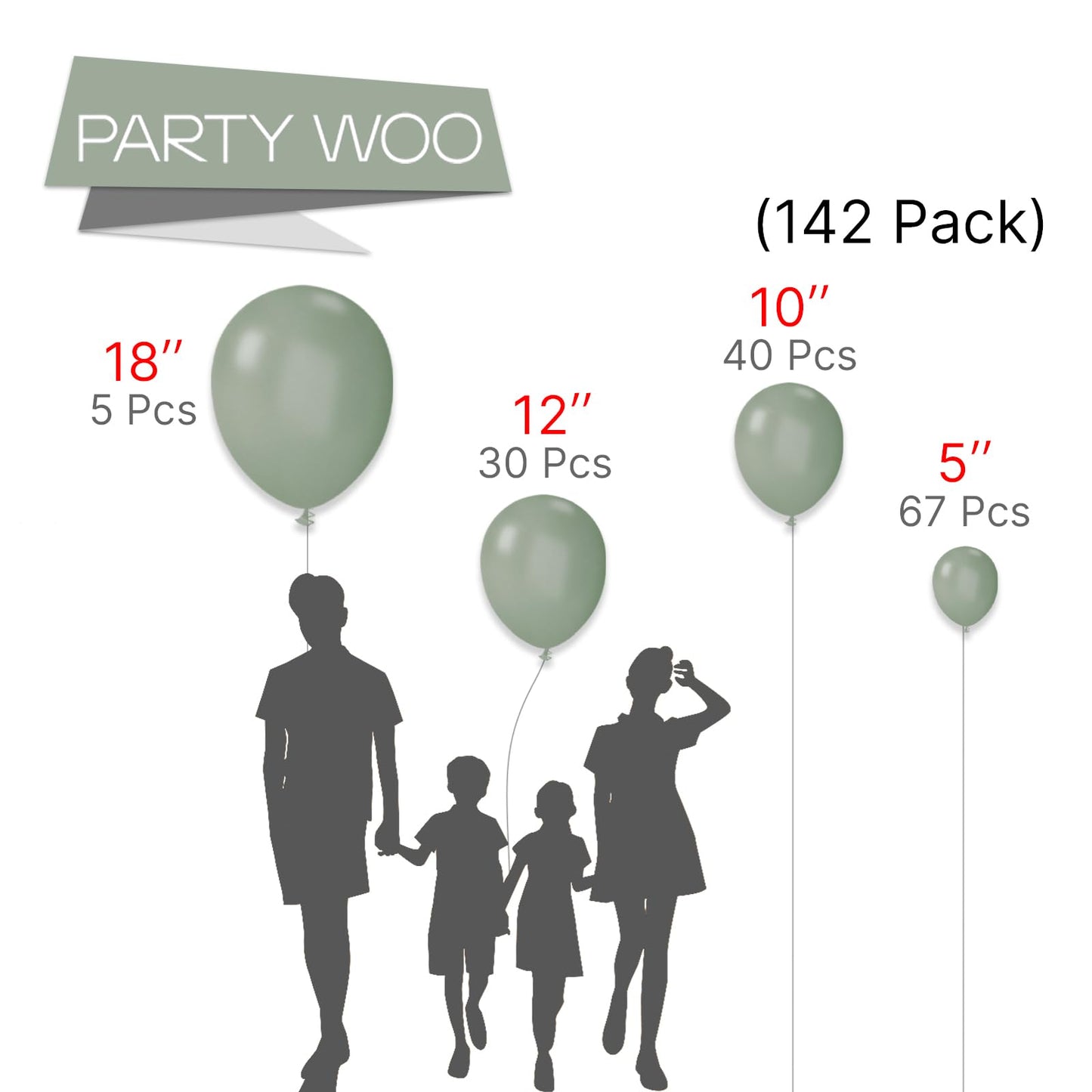 PartyWoo Green Balloons - 142 pcs Pack in 18", 12", 10", 5" Sizes, Pastel Rubber for Garland & Arch Decorations, Model: Balloons