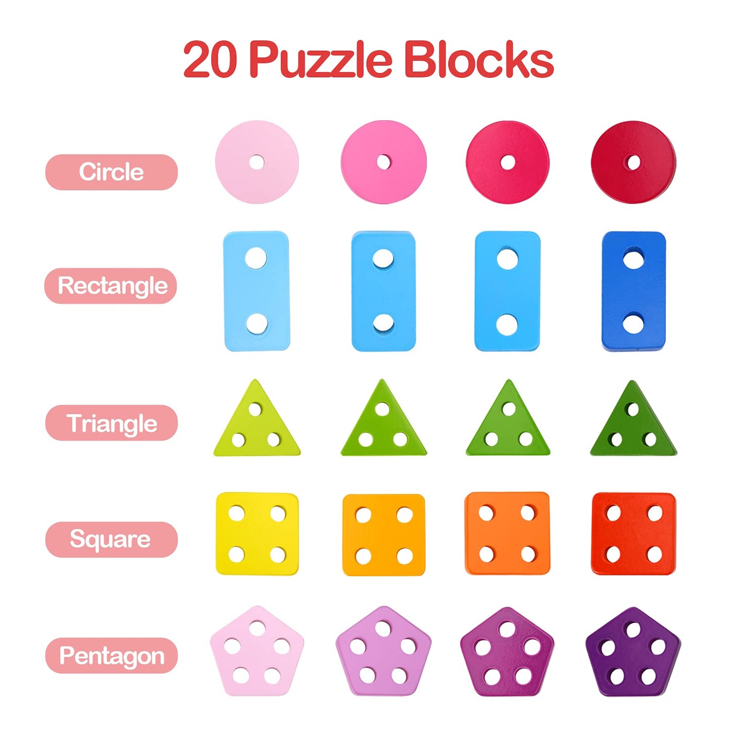 Tookyland Wooden Geometric Shape Sorter - 21Pcs Shape And Color Recognition Toy, Ages 2+