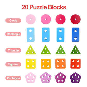 Tookyland Wooden Geometric Shape Sorter - 21Pcs Shape And Color Recognition Toy, Ages 2+