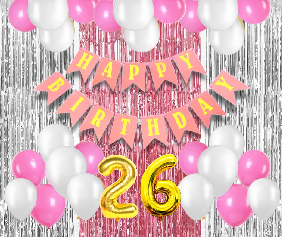 Mystic Toy Store 26Th Birthday Decoration Items For Girls With Pink And White Balloons, Happy Birthday Banner, Silver Foil Curta