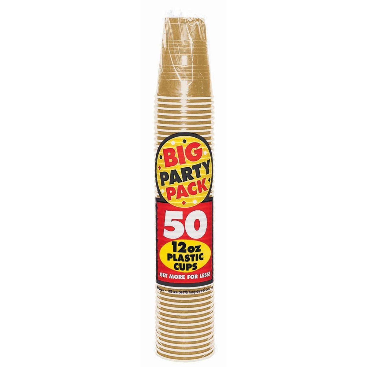Amscan Premium Gold Plastic Cups (12 Oz) 50 Count - Stackable, Heavy-Duty & Eco-Friendly Party Drinkware, Vibrant Color & Ultimate Durability