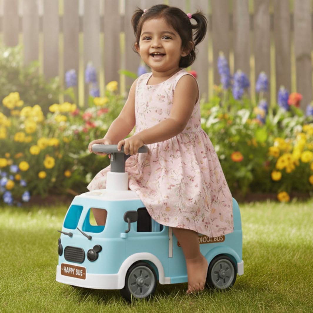 Toyzone Happy Bus Ride On - Blue | Toddler Ride-On | Lights & Music | Ride-On With Easy Storage | Grip Wheels | Make In India | 