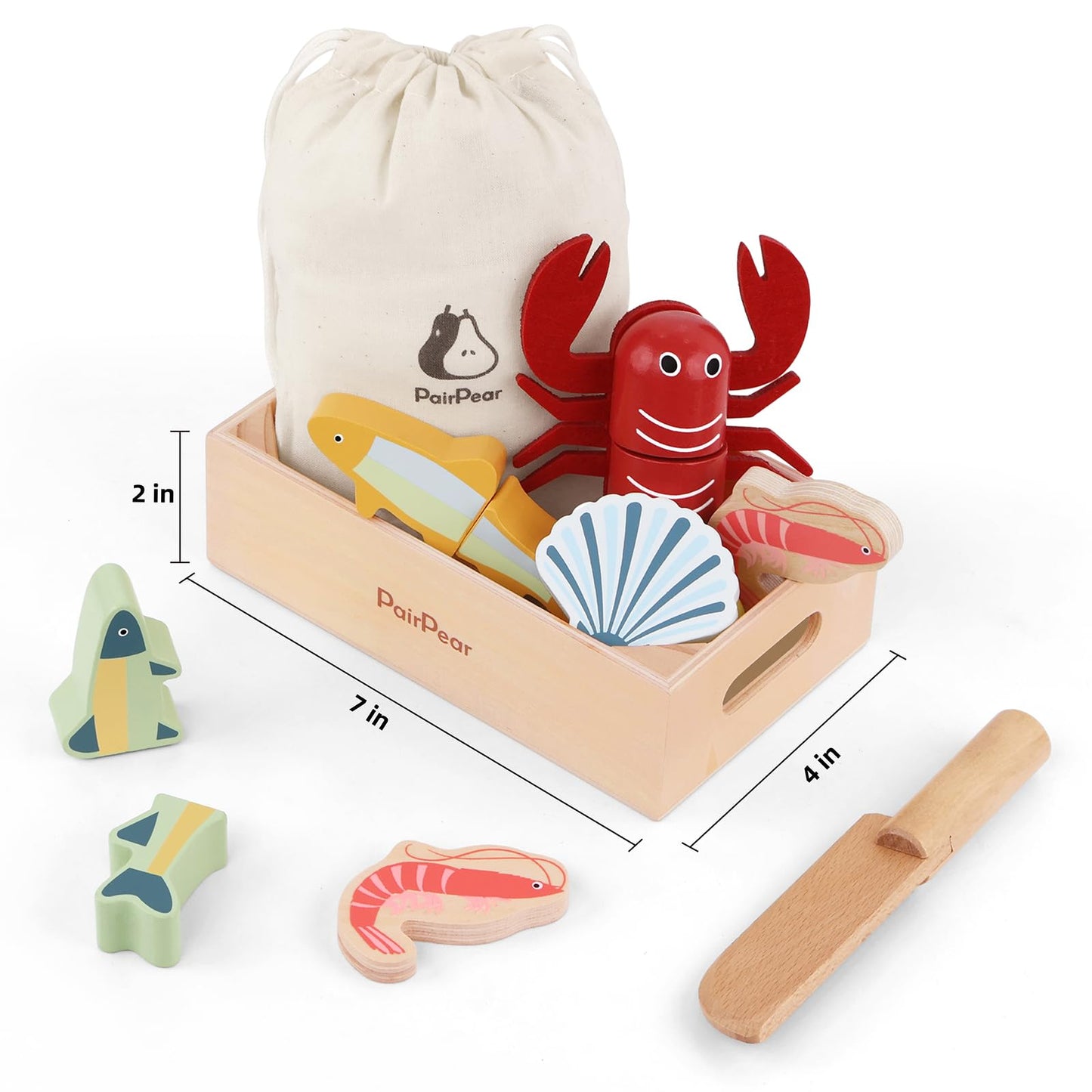 Pairpear Wooden Play Food Cutting Seafood Set - Toddlers Wooden Toy Food Pretend Play Kitchen Accessories For 3 Years Old Boys G