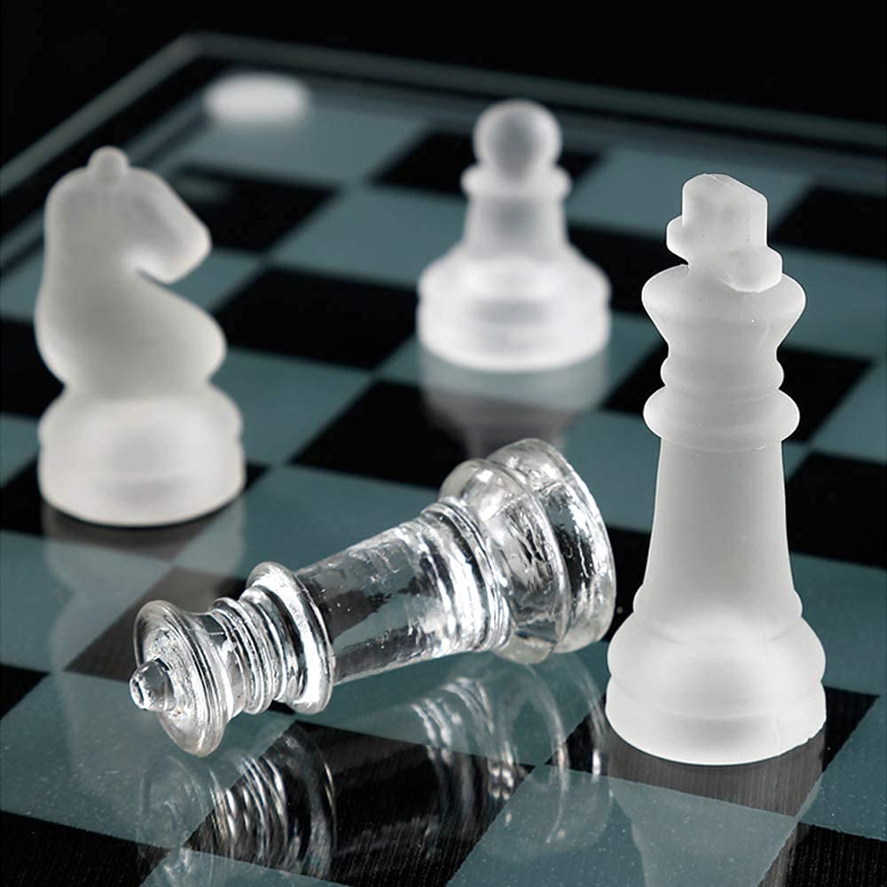 e5e10 Glass Chess Set - 10" Frosted & Clear Pieces, Felted Bottom, Black