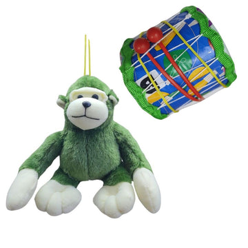 Atishay Retail Cute Plastic Small Drum 2 Sticks & Soft Stuffed Hanging Hoogly Monkey Green And Plastic Extra Large Xl Drum & Fre