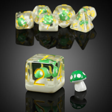 Mushrooms D&D Dice, DNDND 7PCS Resin DND Dice with Velvet Bag for Dungeons and Dragons Role Playing Games and Tabletop Games(Gre