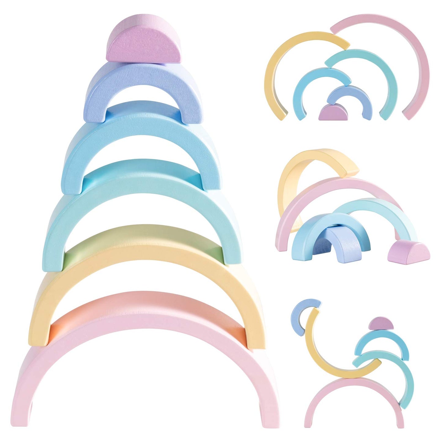 MERRYHEART Wooden Rainbow Stacking Toy - 6 Piece Pastel Rainbow, Montessori Learning Aid, 10.3 x 5.2 x 1.65 inches for Babies & Toddl