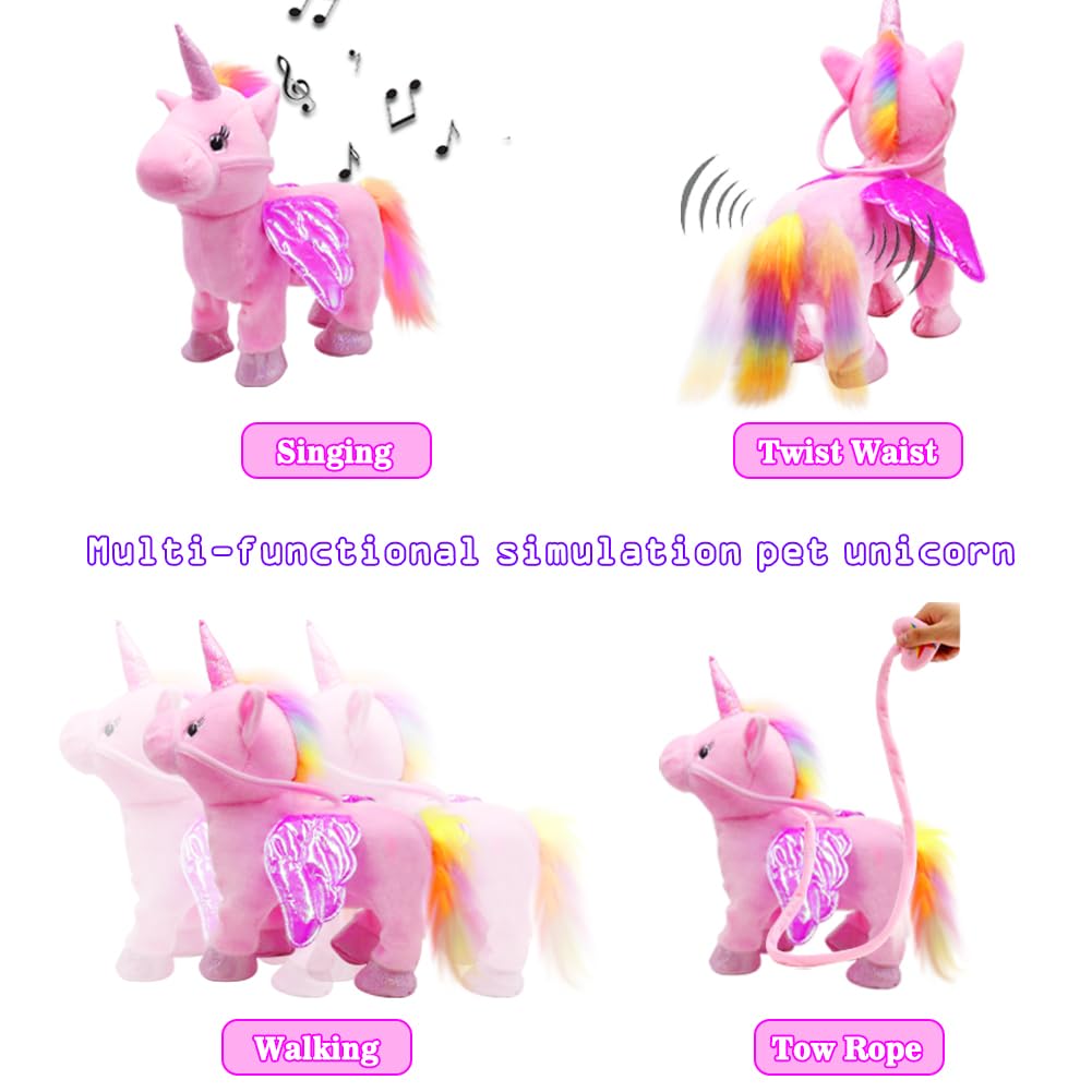Remote Control Electronic Plush Unicorn Toy Pet for Girls 2-4 3-6 Years Old Interactive Walking Wiggle Bottom RC Leash Pink Unicorn Toy for 5 Years Old Toddler Kids Christmas Birthday Gift