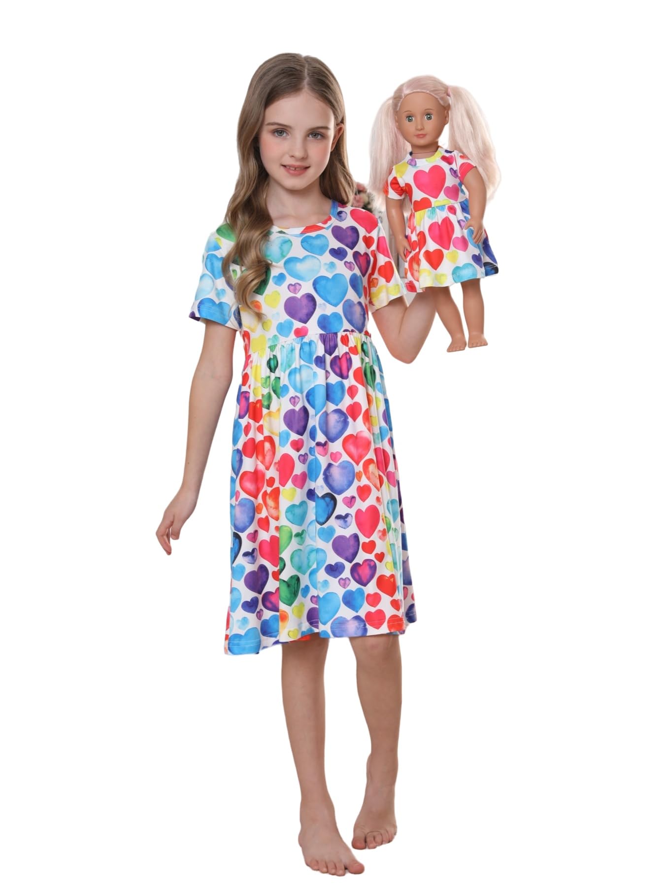 Bow Dream Girl Dress and Matching American Girl Doll Clothes for Girls Heart Shaped Print Size 140