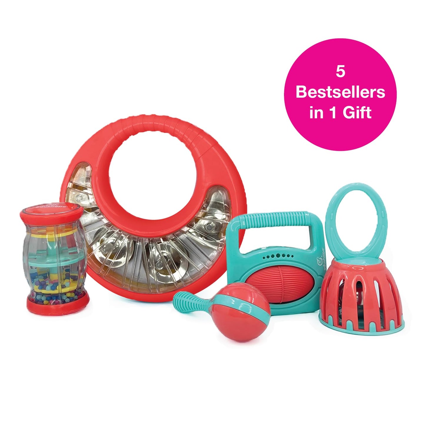 Edushape Festival Music Gift Set - Baby Musical Instruments Include Mini Rain Stick, Crackle & Roll, Bell, Tambourine, Maracas - Interactive Baby Musical Toys For Kids And Toddlers 18 Months And Up