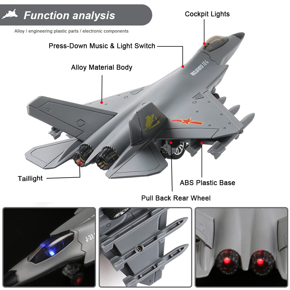 J31 Airplane Toy For Boys, Diecast Fighter Jet Toy For Kids, Pull Back Airplanes Toy Jets With Light & Sound For Gifts Collectio
