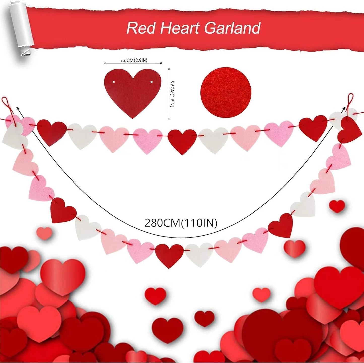 2Pc Valentines Day Banner 110inch, Valentines Day Decor for Home, Heart Shaped Burlap Valentines Garland Decorations for Mantle