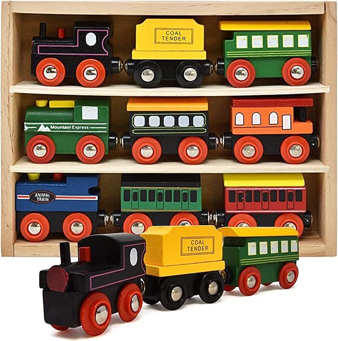 Wooden Train Cars 9 Piece Collection Of Magnetic Trains And Wood Engine And Vehicles Compatible With All Major Brands, A Deluxe