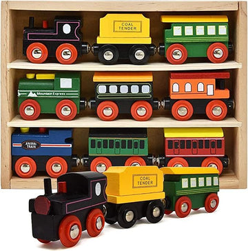 Wooden Train Cars 9 Piece Collection Of Magnetic Trains And Wood Engine And Vehicles Compatible With All Major Brands, A Deluxe