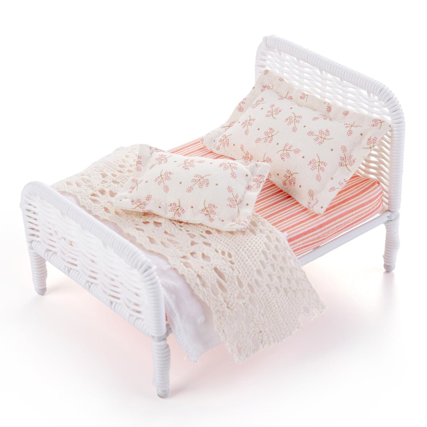 Minamzee 1:12 Dollhouse Furniture Bed  1 Set Miniature Fairy Pastoral Style White Rattan Bed with Removable Lace Bedding  Modemn Bedroom Furniture Accessories Set