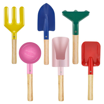 OKGD 6-Piece Garden Tools Set for Kids,Children Beach Sandbox Toy,Including Cylinder Scoop, Trowel, Spoon, Fork, Rake & Shovel f