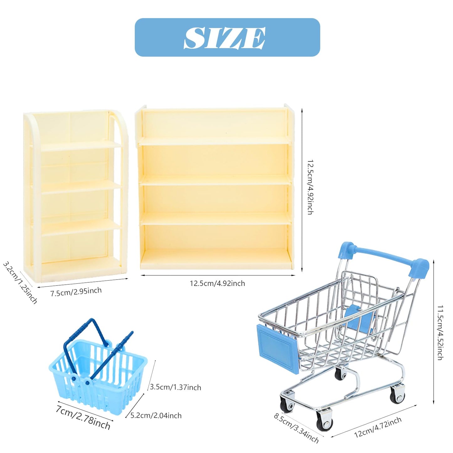 Onest 105 Pieces Miniature Dollhouse Accessories Mini Shopping Cart Basket With Food Drink Bottle And Others For Dollhouse Kitch