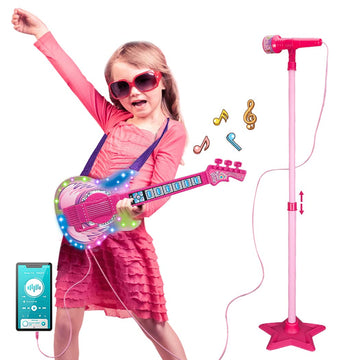 Takihon Guitar And Microphone Set For Kids,Guitar Toys With Music&Colorful Light,Adjustable Height Microphone With Stand,Karaoke