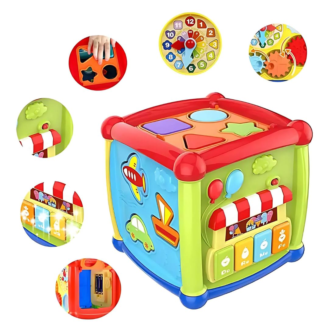 Multifunctional 6In1 Educational Learning Cube: Blocks, Clock, Alphabet Tree & Music For Kids, Music, Shapes, And Vehicles For