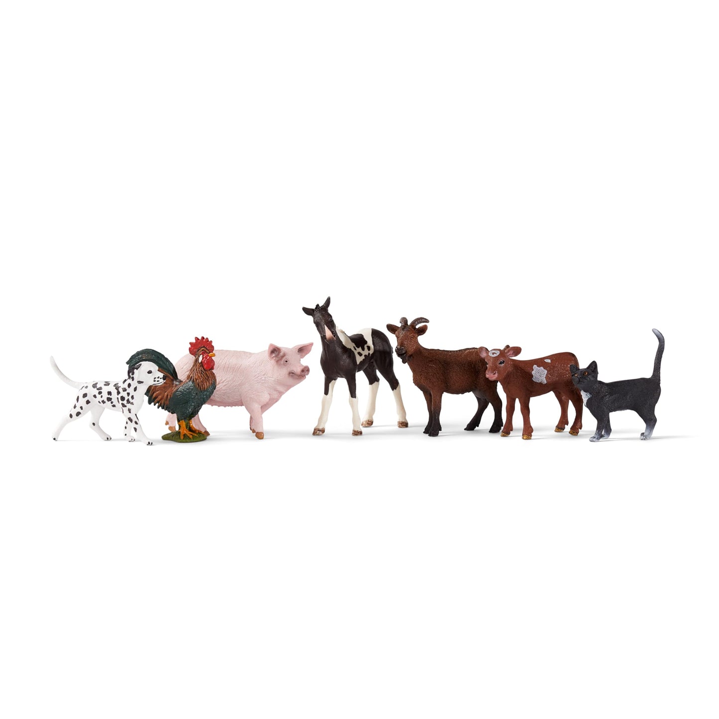 Schleich Farm World 7-Piece Farm Animal Gift Set Including Dalmatian  Cat  Pig  Goat  Rooster  Texas Longhorn Calf and Pinto Foal Animal Toys