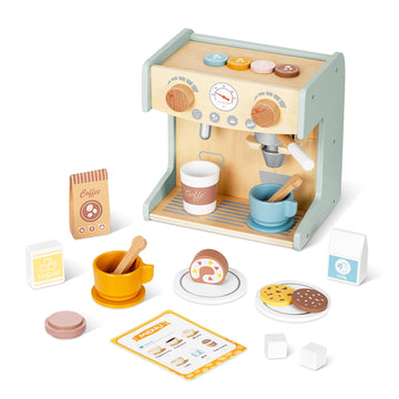 OOOK 2-in-1 Toy Coffee Maker, Kids Wooden Coffee Maker Playset, Toddler Pretend Play Kitchen Food Small Coffee Shop with 28 Pcs 