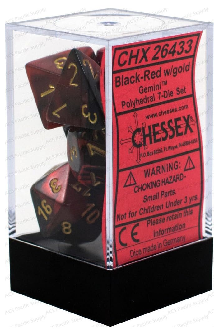 Chessex Manufacturing 26433 Cube Gemini Set Of 7 Dice - Black & Red With Gold Numbering